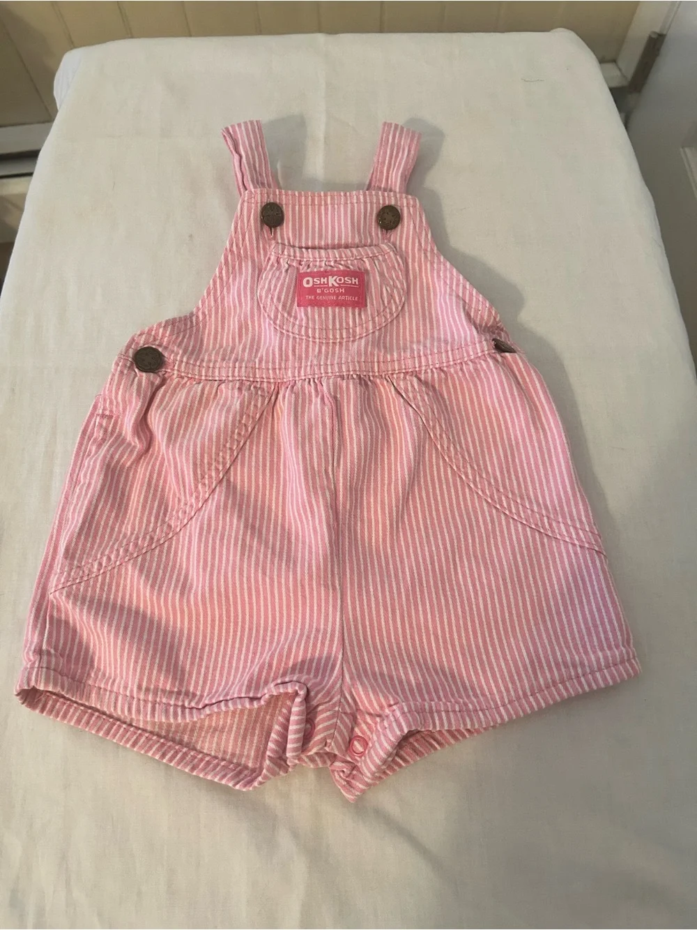 VTG 1993 OshKosh B'gosh Pink/White Railroad Stripe Shortalls/Size 2T Made In USA